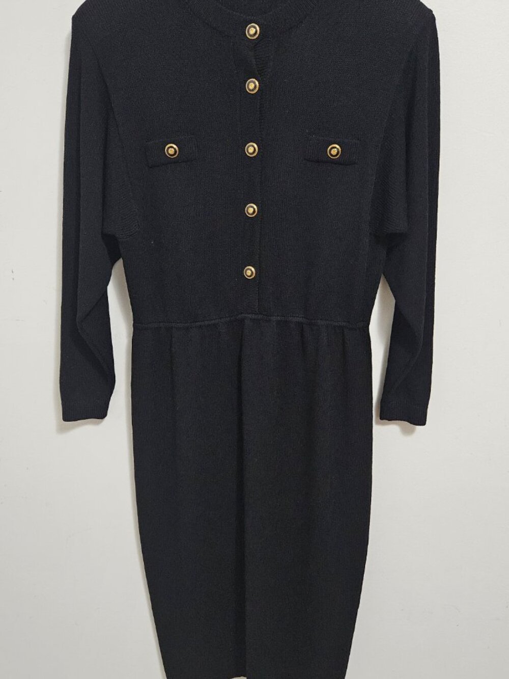Vintage St. John Santana Knit Black Midi Dress Sz L Gold Logo Buttons Pull-On - Picture 9 of 9